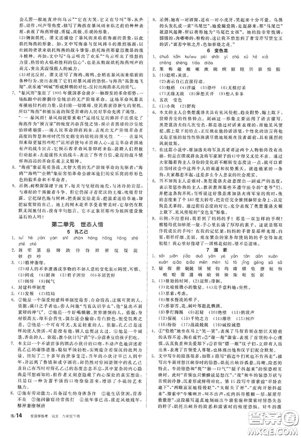 陽光出版社2021全品學練考九年級語文下冊新課標人教版答案