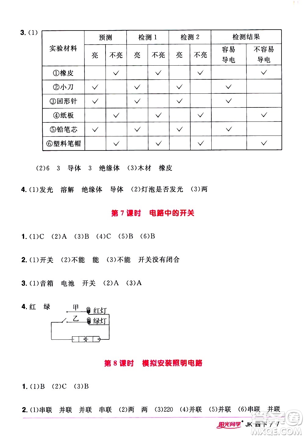 江西教育出版社2021陽光同學課時優(yōu)化作業(yè)科學四年級下冊JK教科版答案