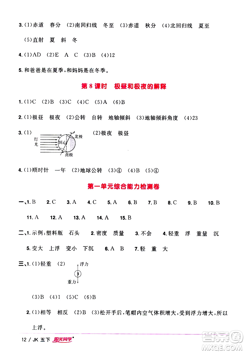 江西教育出版社2021陽(yáng)光同學(xué)課時(shí)優(yōu)化作業(yè)科學(xué)五年級(jí)下冊(cè)JK教科版答案