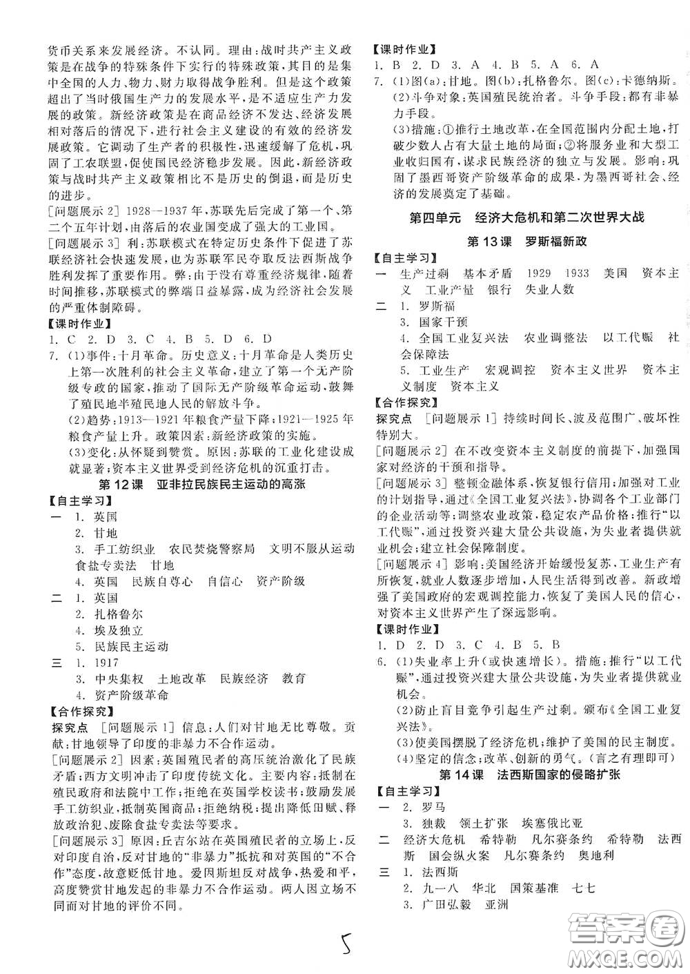 陽(yáng)光出版社2021全品學(xué)練考九年級(jí)世界歷史下冊(cè)新課標(biāo)人教版江西專版答案