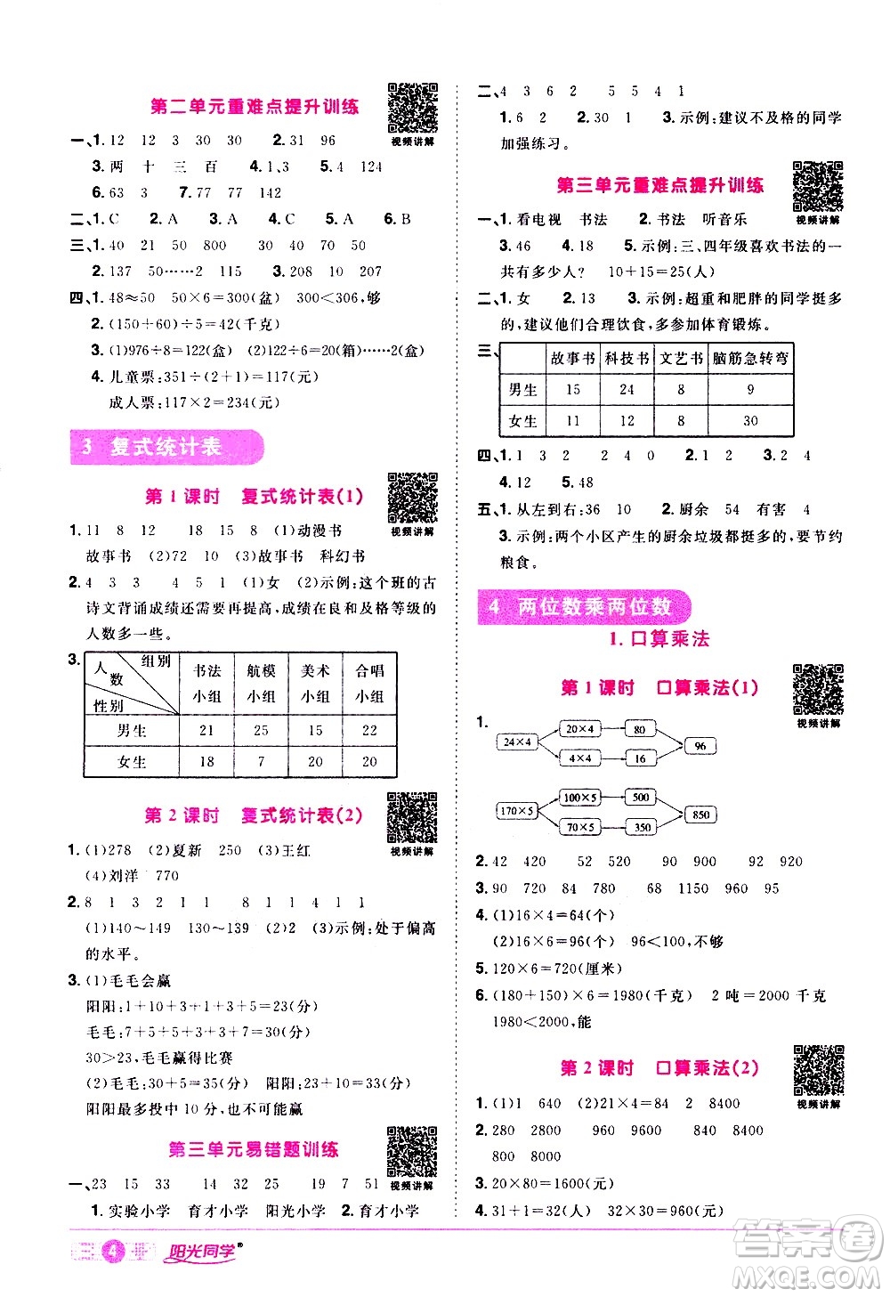 浙江教育出版社2021陽光同學(xué)課時達標(biāo)訓(xùn)練數(shù)學(xué)三年級下冊R人教版浙江專版答案