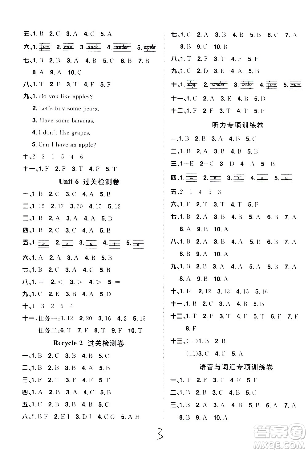 浙江教育出版社2021陽光同學(xué)全優(yōu)達(dá)標(biāo)好卷英語三年級下冊PEP人教版浙江專版答案