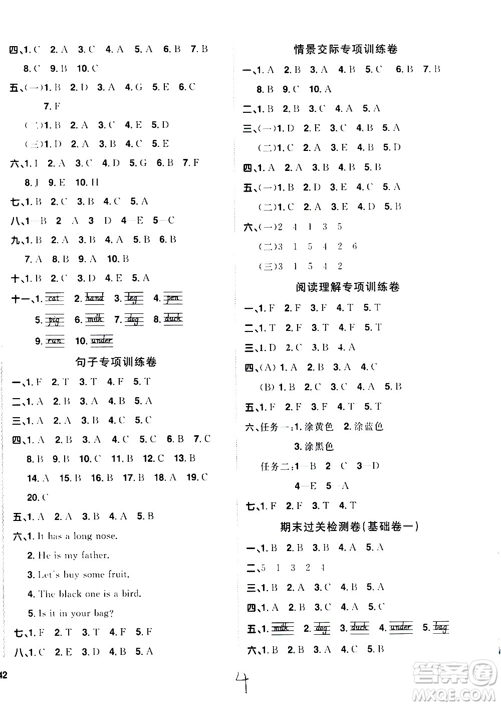 浙江教育出版社2021陽光同學(xué)全優(yōu)達(dá)標(biāo)好卷英語三年級下冊PEP人教版浙江專版答案