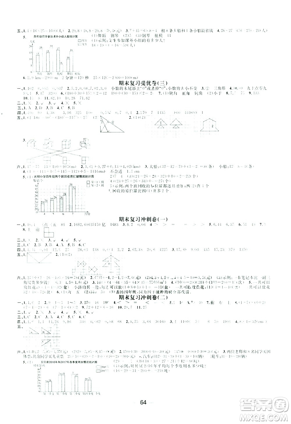 江西教育出版社2021陽(yáng)光同學(xué)期末復(fù)習(xí)15天沖刺100分?jǐn)?shù)學(xué)四年級(jí)下冊(cè)RJ人教版答案