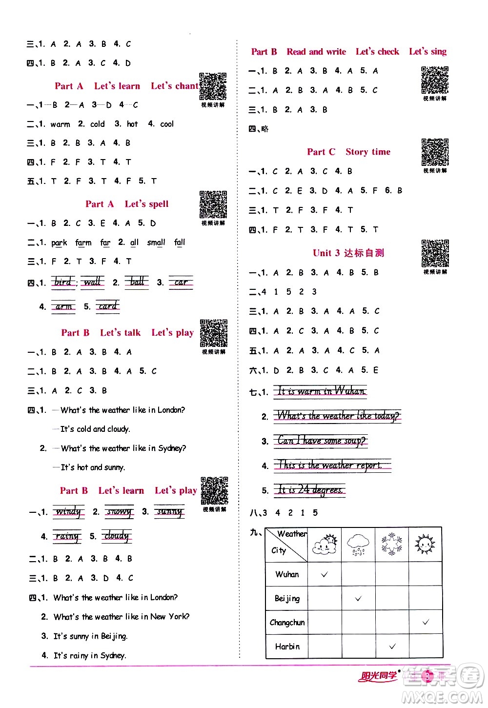 浙江教育出版社2021陽光同學(xué)課時(shí)達(dá)標(biāo)訓(xùn)練英語四年級(jí)下冊(cè)PEP人教版浙江專版答案