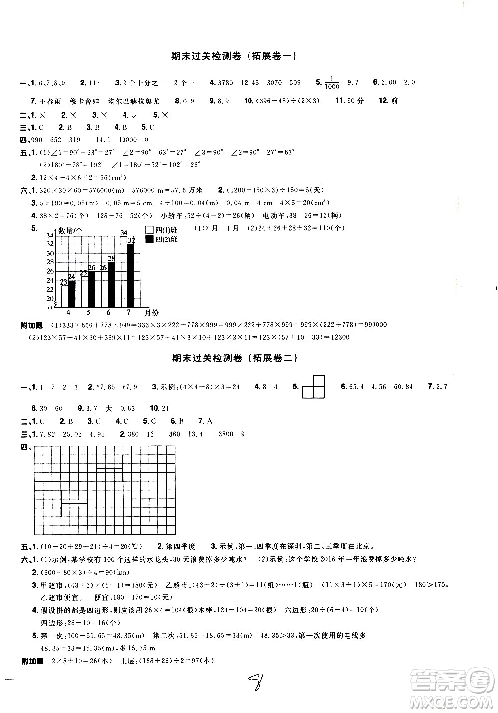 浙江教育出版社2021陽光同學(xué)全優(yōu)達標(biāo)好卷數(shù)學(xué)四年級下冊R人教版浙江專版答案