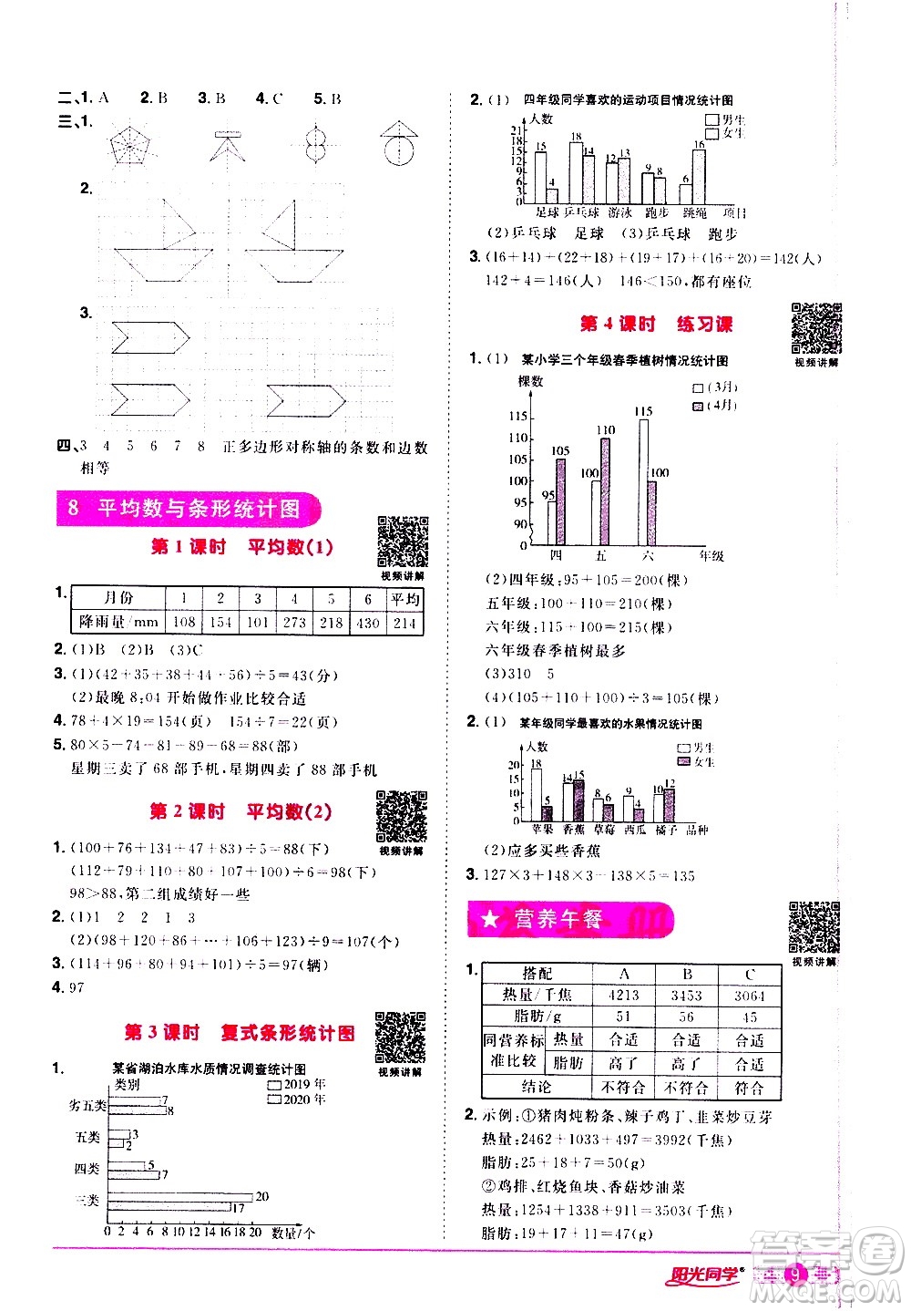 浙江教育出版社2021陽光同學課時達標訓練數(shù)學四年級下冊R人教版浙江專版答案