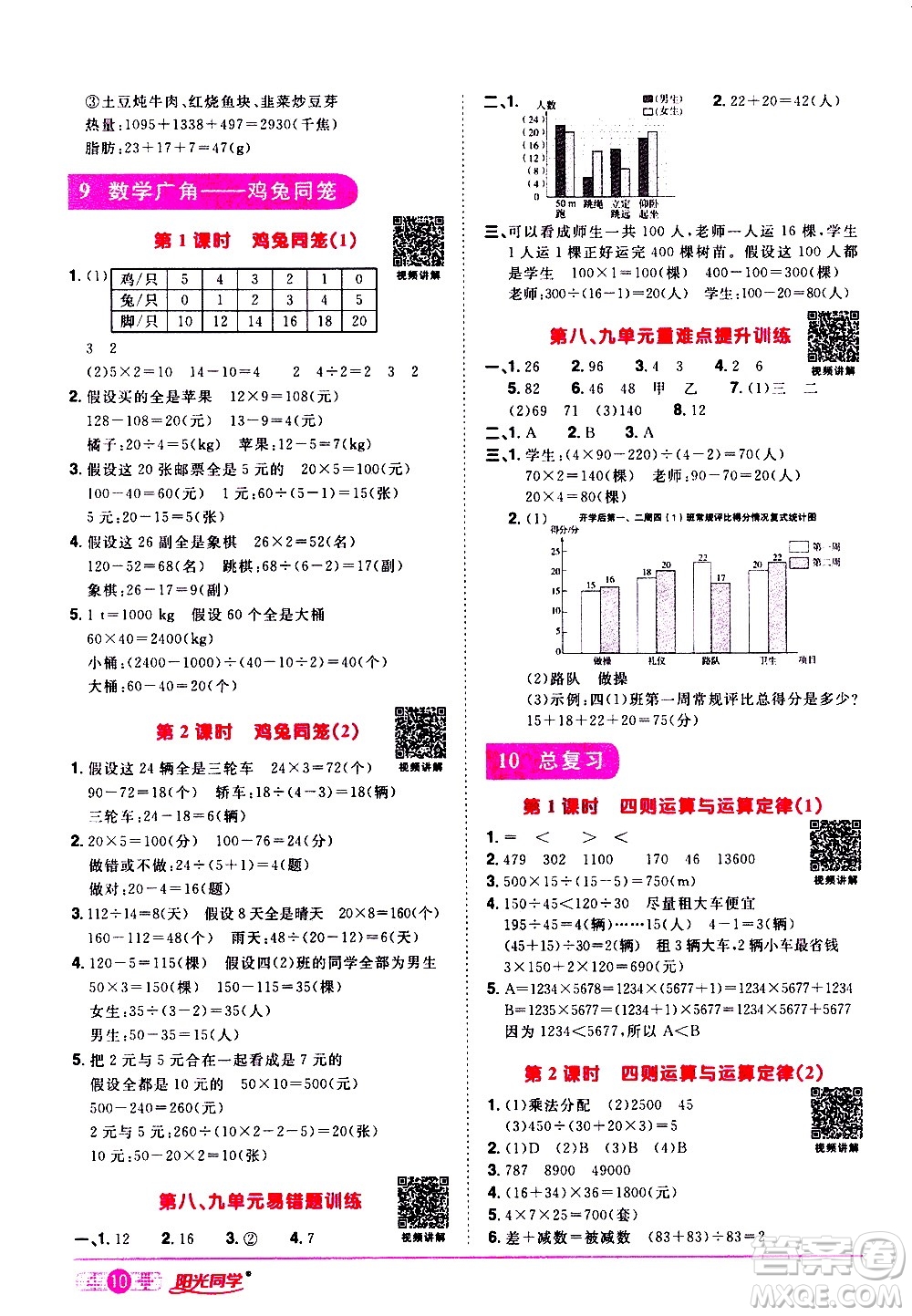 浙江教育出版社2021陽光同學課時達標訓練數(shù)學四年級下冊R人教版浙江專版答案
