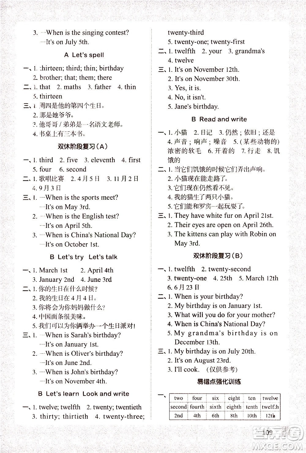 江西教育出版社2021陽光同學(xué)默寫小達人英語五年級下冊PEP人教版答案