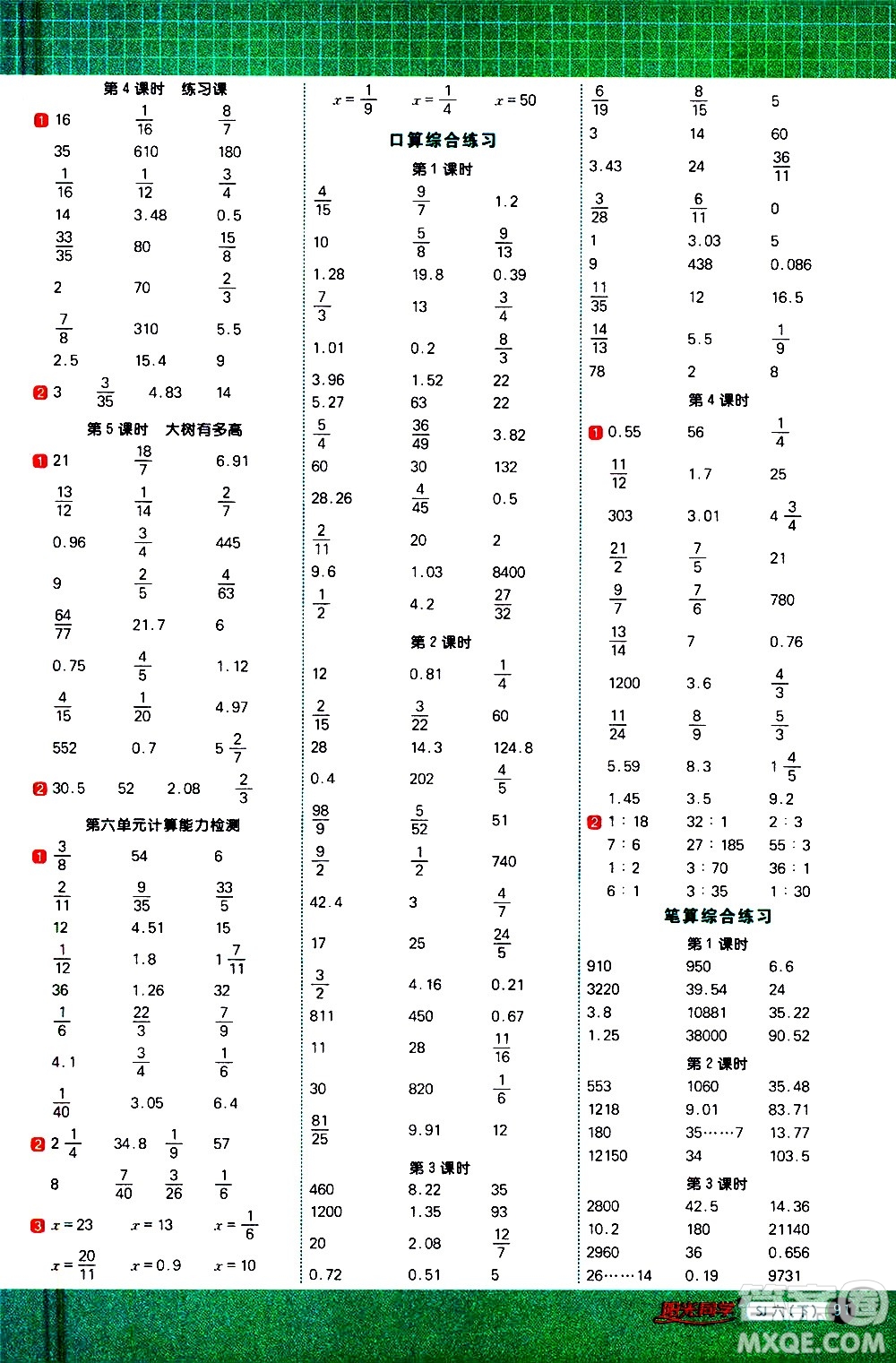 江西教育出版社2021陽光同學(xué)計算小達人數(shù)學(xué)六年級下冊SJ蘇教版答案