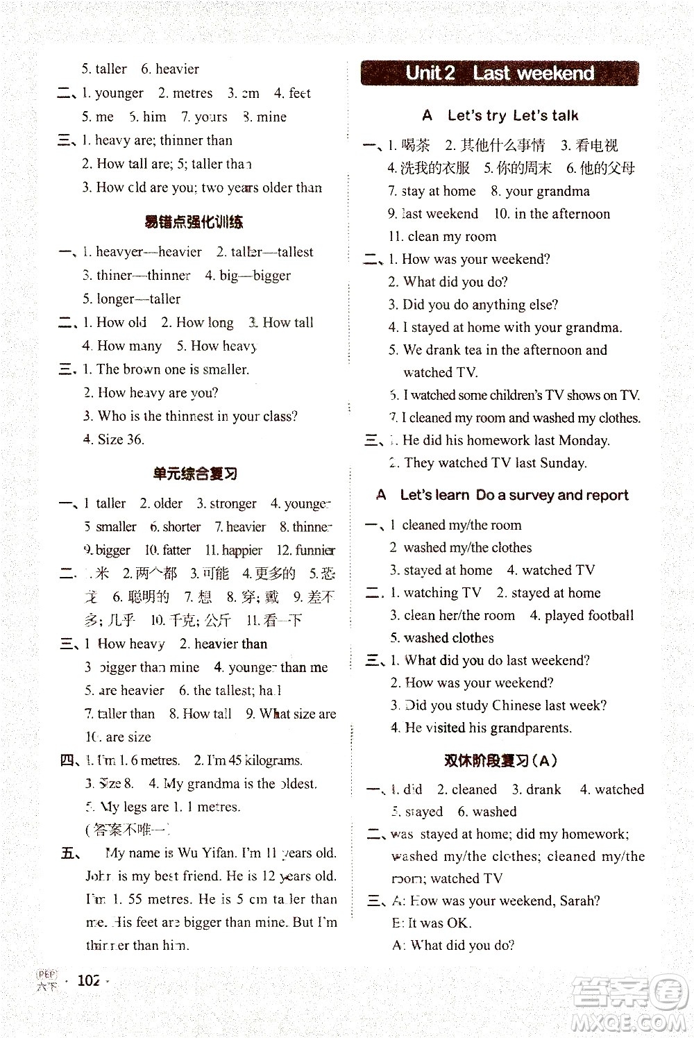 江西教育出版社2021陽光同學(xué)默寫小達(dá)人英語六年級下冊PEP人教版答案