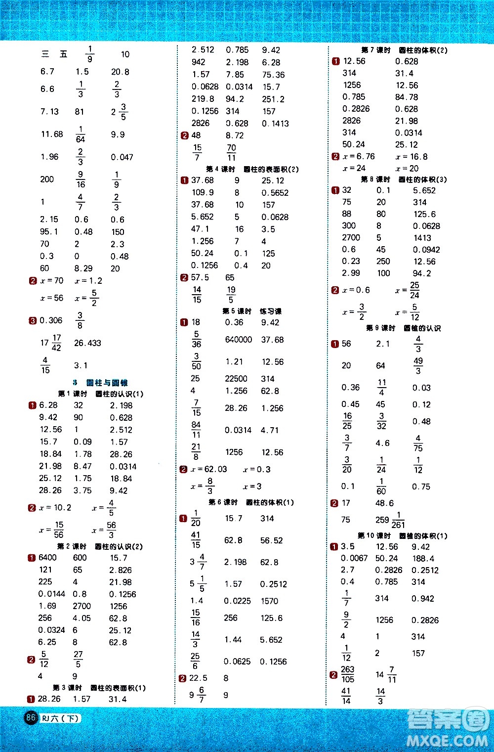 江西教育出版社2021陽光同學計算小達人數(shù)學六年級下冊RJ人教版答案