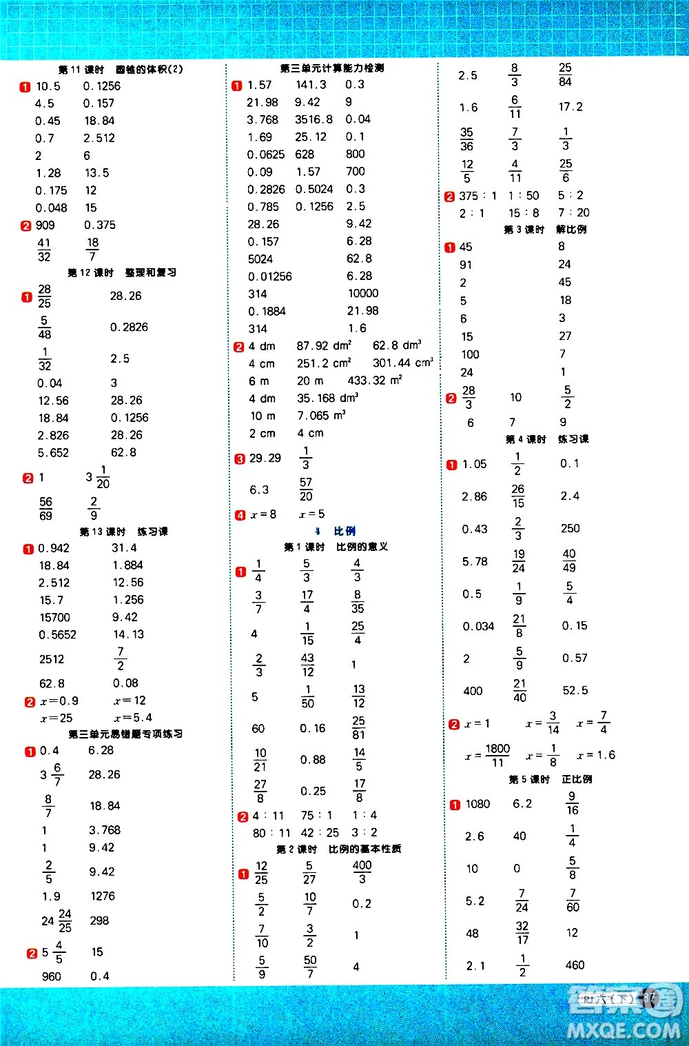 江西教育出版社2021陽光同學計算小達人數(shù)學六年級下冊RJ人教版答案
