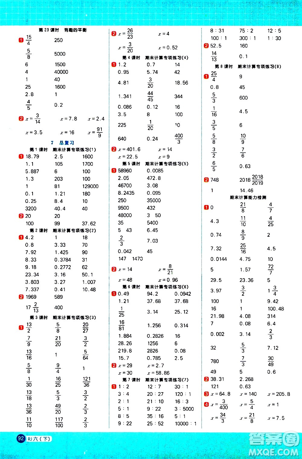 江西教育出版社2021陽光同學計算小達人數(shù)學六年級下冊RJ人教版答案