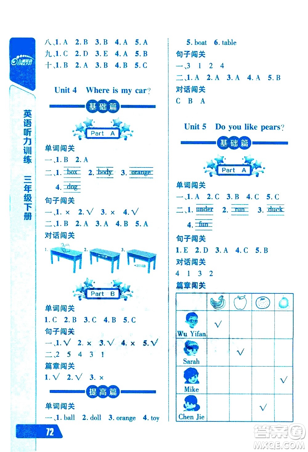 崇文書局2021長(zhǎng)江全能學(xué)案英語聽力訓(xùn)練三年級(jí)下冊(cè)人教版答案