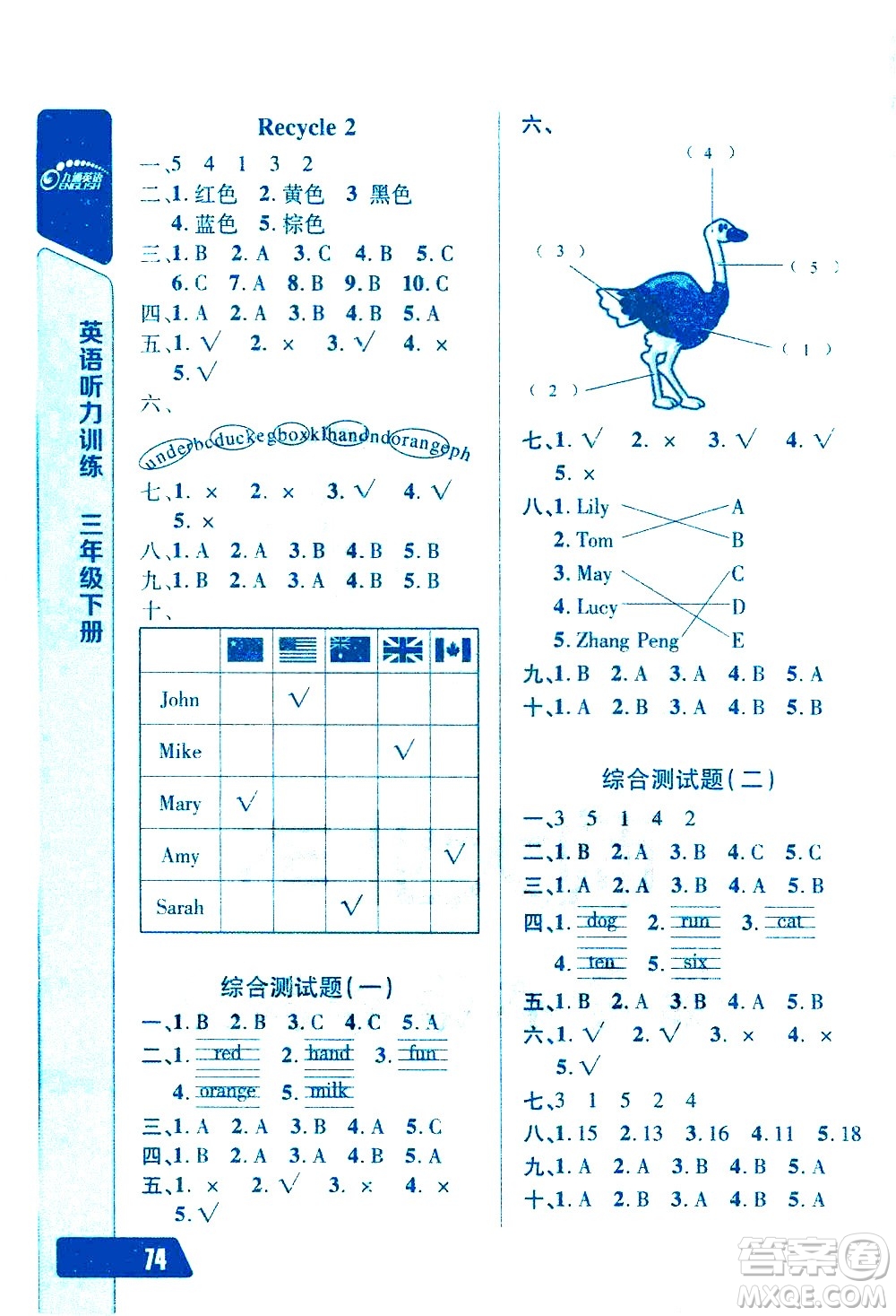崇文書局2021長(zhǎng)江全能學(xué)案英語聽力訓(xùn)練三年級(jí)下冊(cè)人教版答案