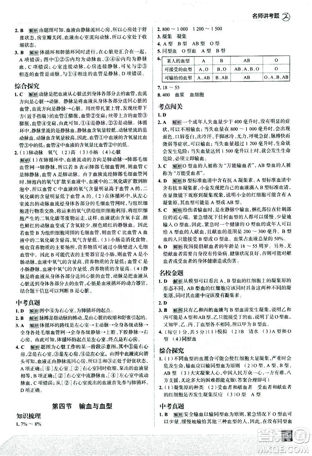 現(xiàn)代教育出版社2021走向中考考場生物學七年級下冊RJ人教版答案