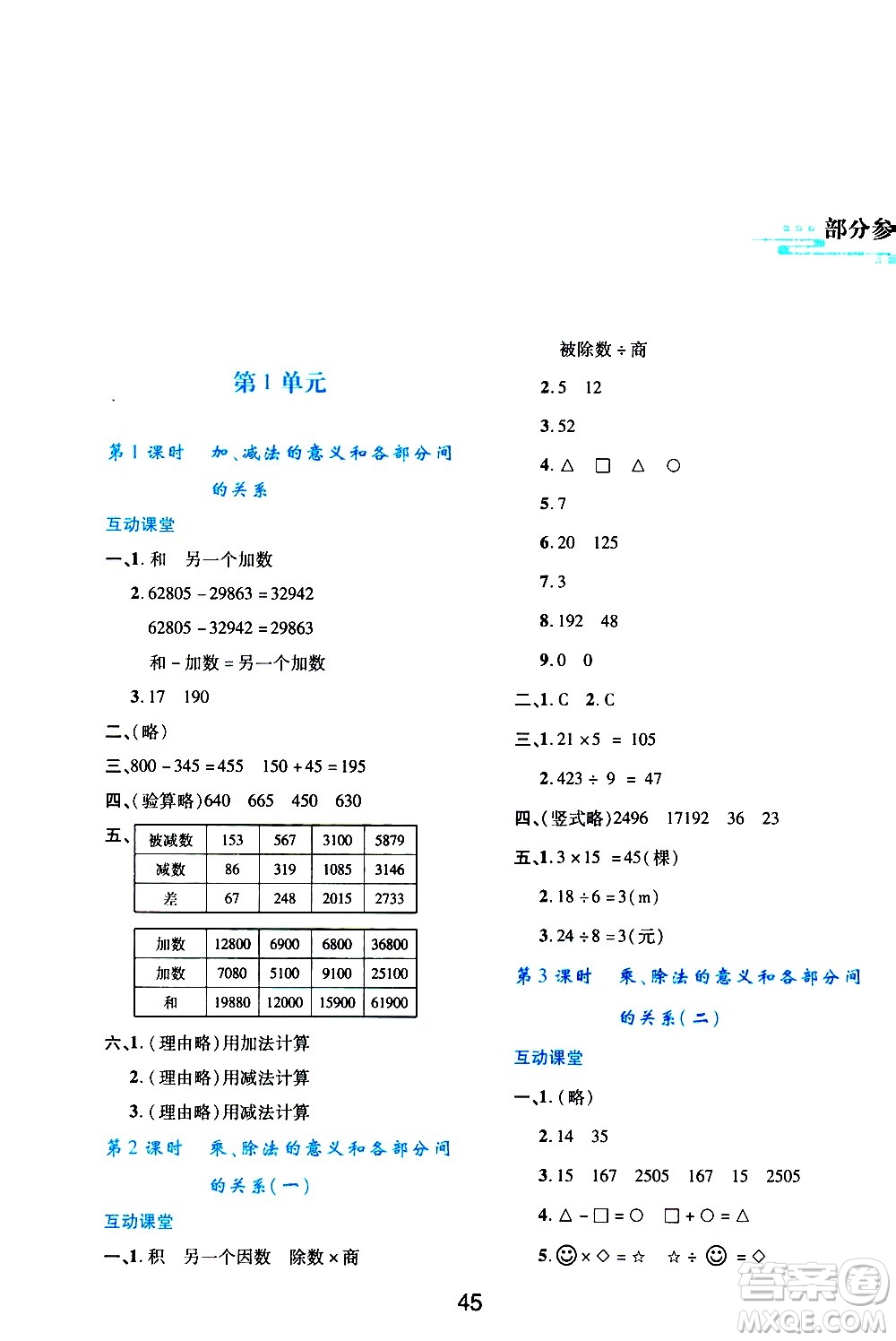 陜西人民教育出版社2021新課程學(xué)習(xí)與評價(jià)四年級數(shù)學(xué)下A人教版答案