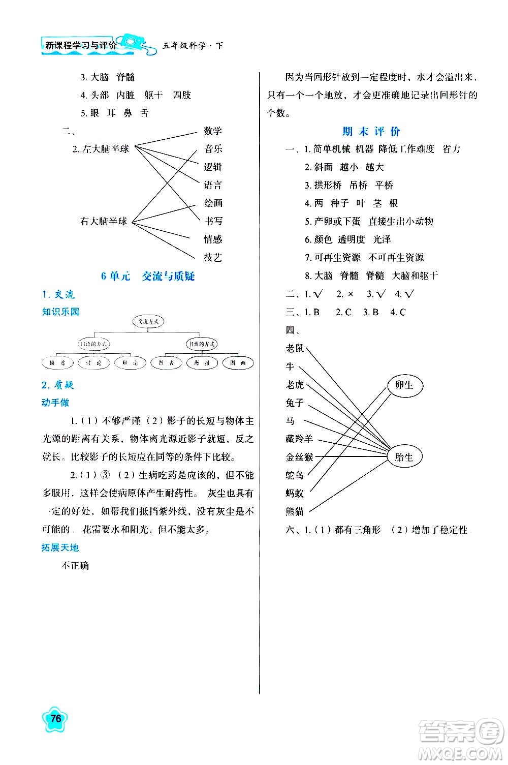 陜西人民教育出版社2021新課程學習與評價五年級科學下B蘇教版答案