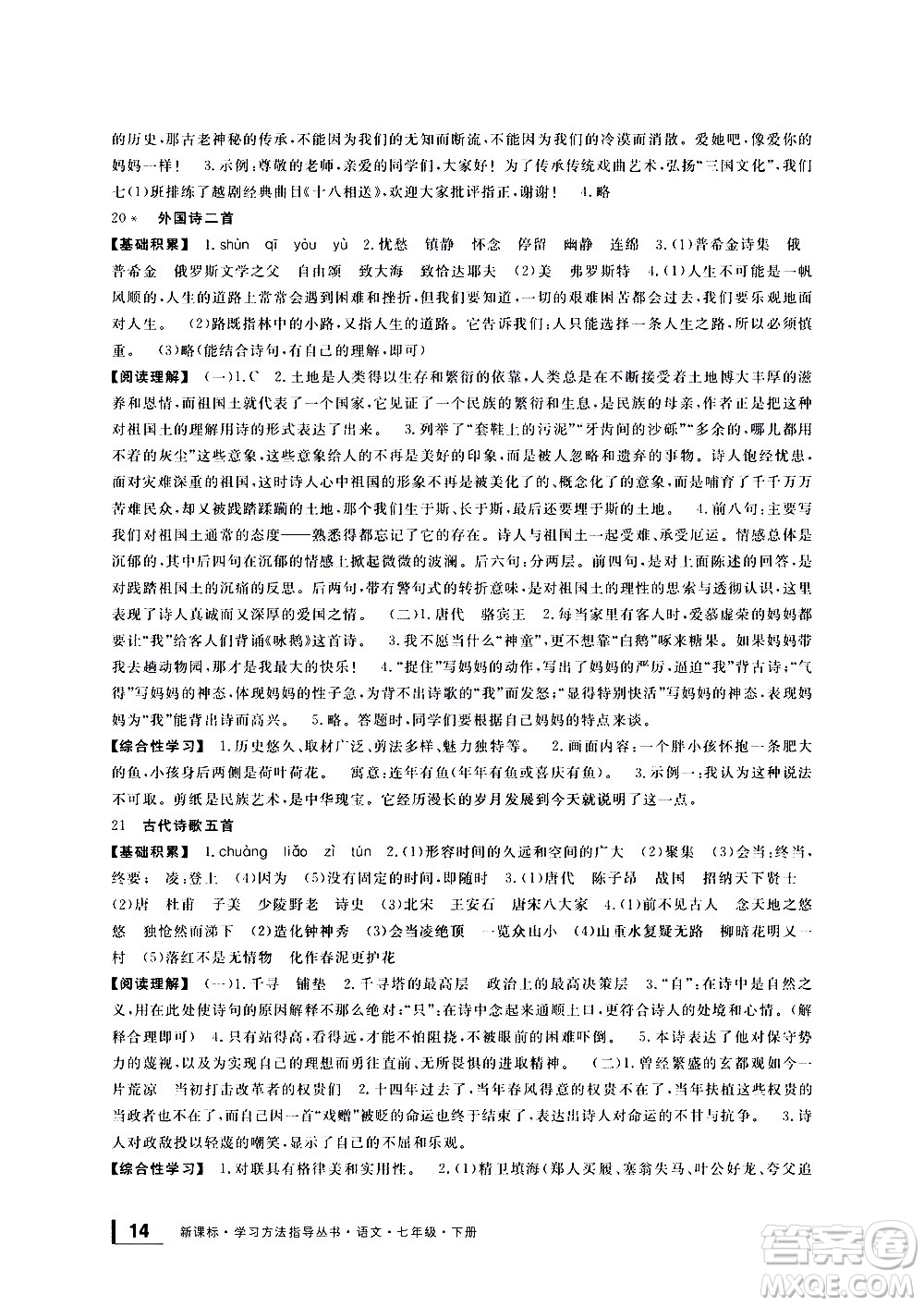 寧波出版社2021學(xué)習(xí)方法指導(dǎo)叢書語文七年級下冊人教版答案