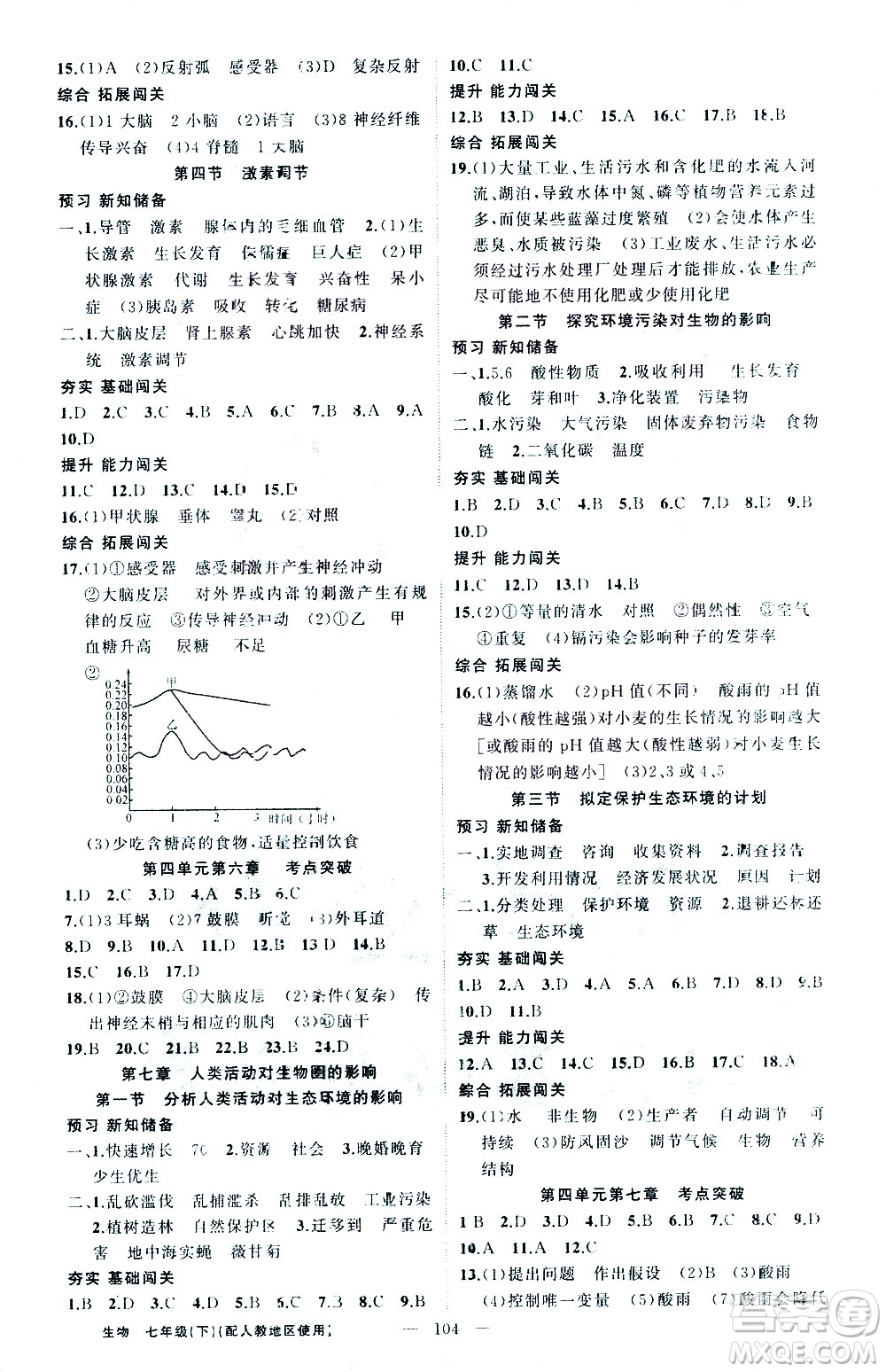 新疆青少年出版社2021黃岡100分闖關(guān)生物七年級(jí)下人教版答案