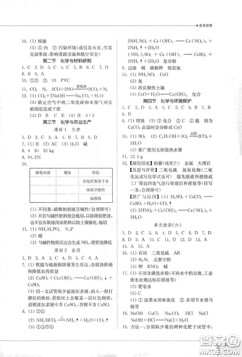 山東教育出版社2021初中同步練習冊九年級化學九年級全一冊魯教版五四學制答案