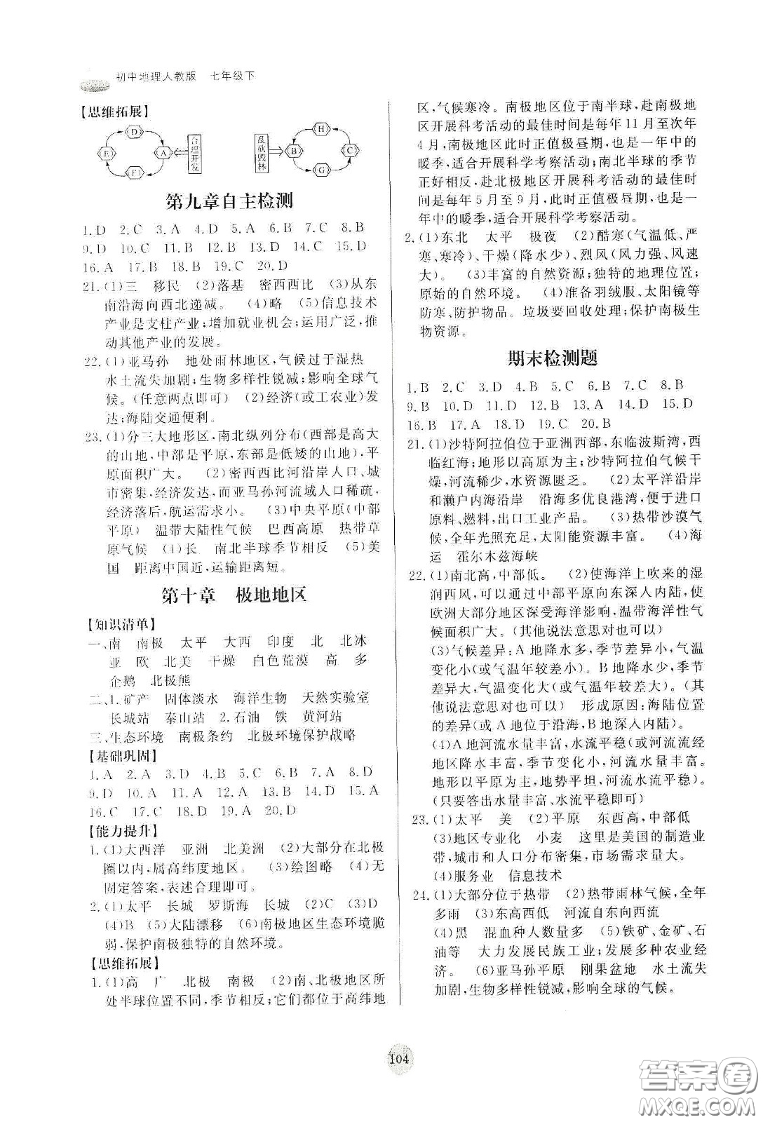 山東友誼出版社2021初中同步練習(xí)冊(cè)七年級(jí)地理下冊(cè)人教版山東省專用答案