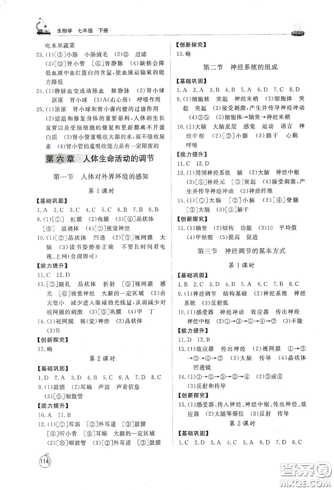 山東友誼出版社2021初中同步練習(xí)冊七年級生物學(xué)下冊人教版山東省專用答案