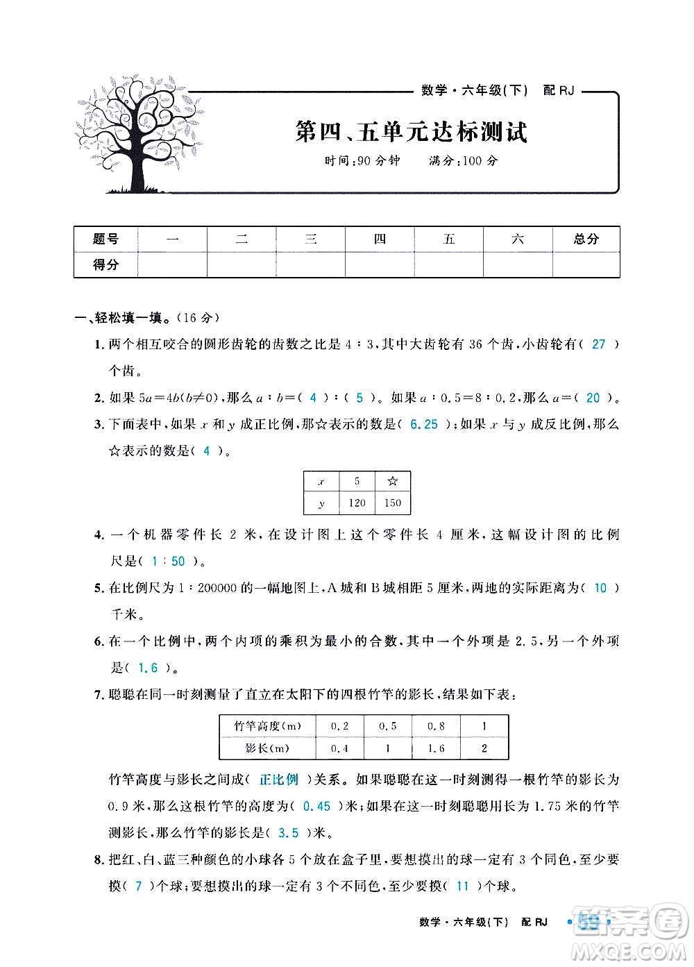 新疆青少年出版社2021小學(xué)一課一練課時(shí)達(dá)標(biāo)數(shù)學(xué)六年級(jí)下冊(cè)RJ人教版答案