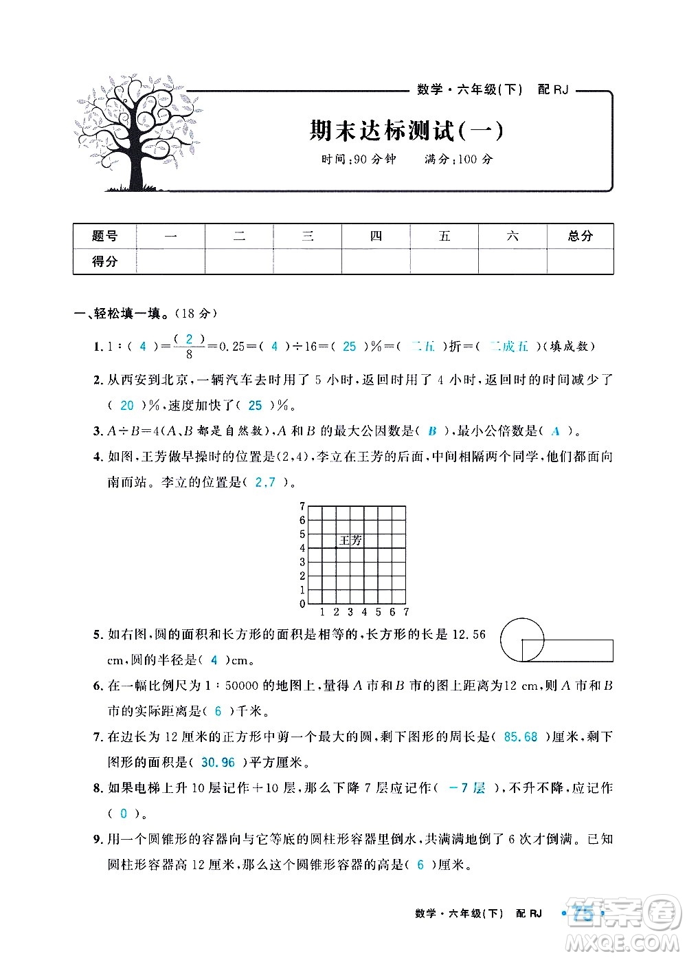 新疆青少年出版社2021小學(xué)一課一練課時(shí)達(dá)標(biāo)數(shù)學(xué)六年級(jí)下冊(cè)RJ人教版答案