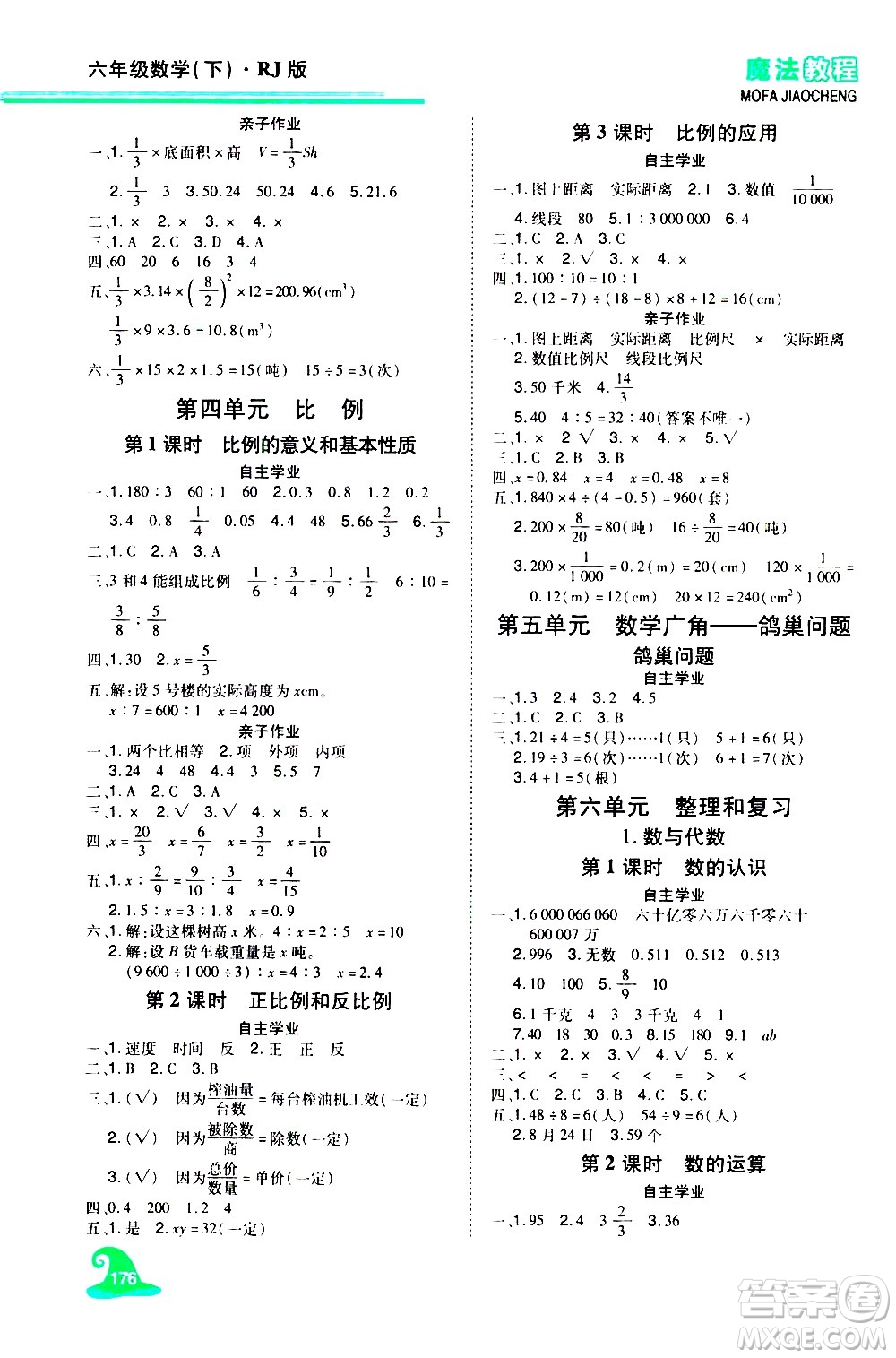 江西美術(shù)出版社2021魔法教程數(shù)學(xué)六年級下冊精練版RJ人教版答案
