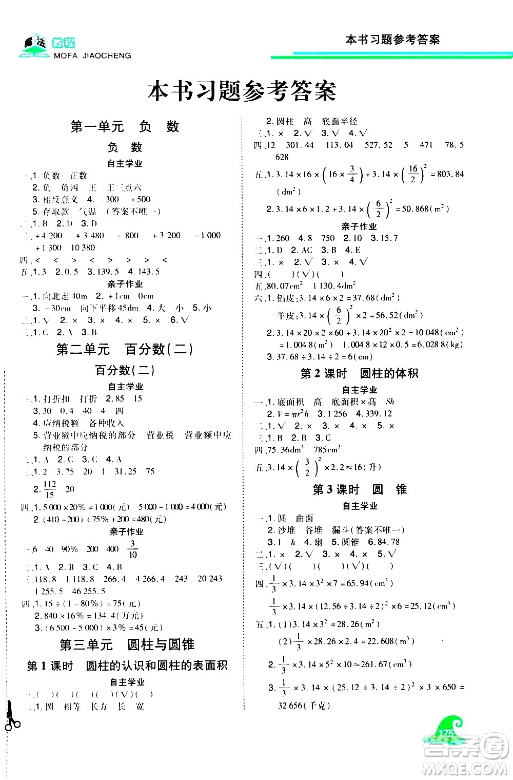 江西美術(shù)出版社2021魔法教程數(shù)學(xué)六年級下冊精練版RJ人教版答案