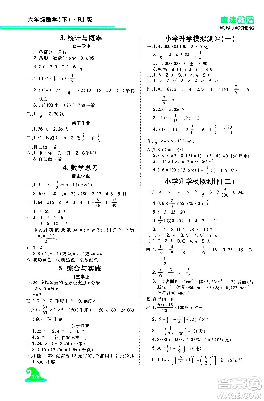 江西美術(shù)出版社2021魔法教程數(shù)學(xué)六年級下冊精練版RJ人教版答案