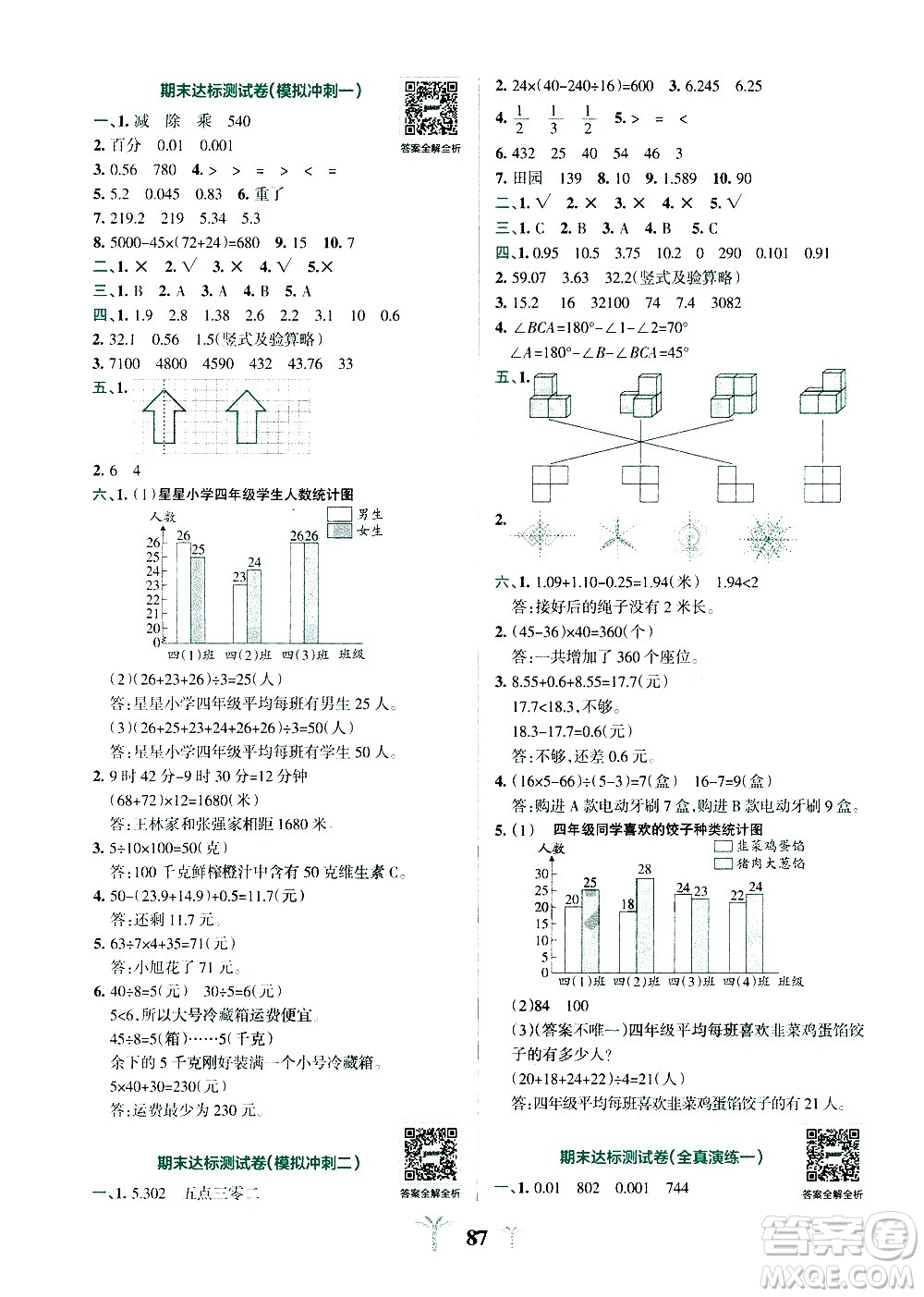 陜西師范大學(xué)出版總社有限公司2021小學(xué)學(xué)霸沖A卷數(shù)學(xué)四年級(jí)下冊RJ人教版答案