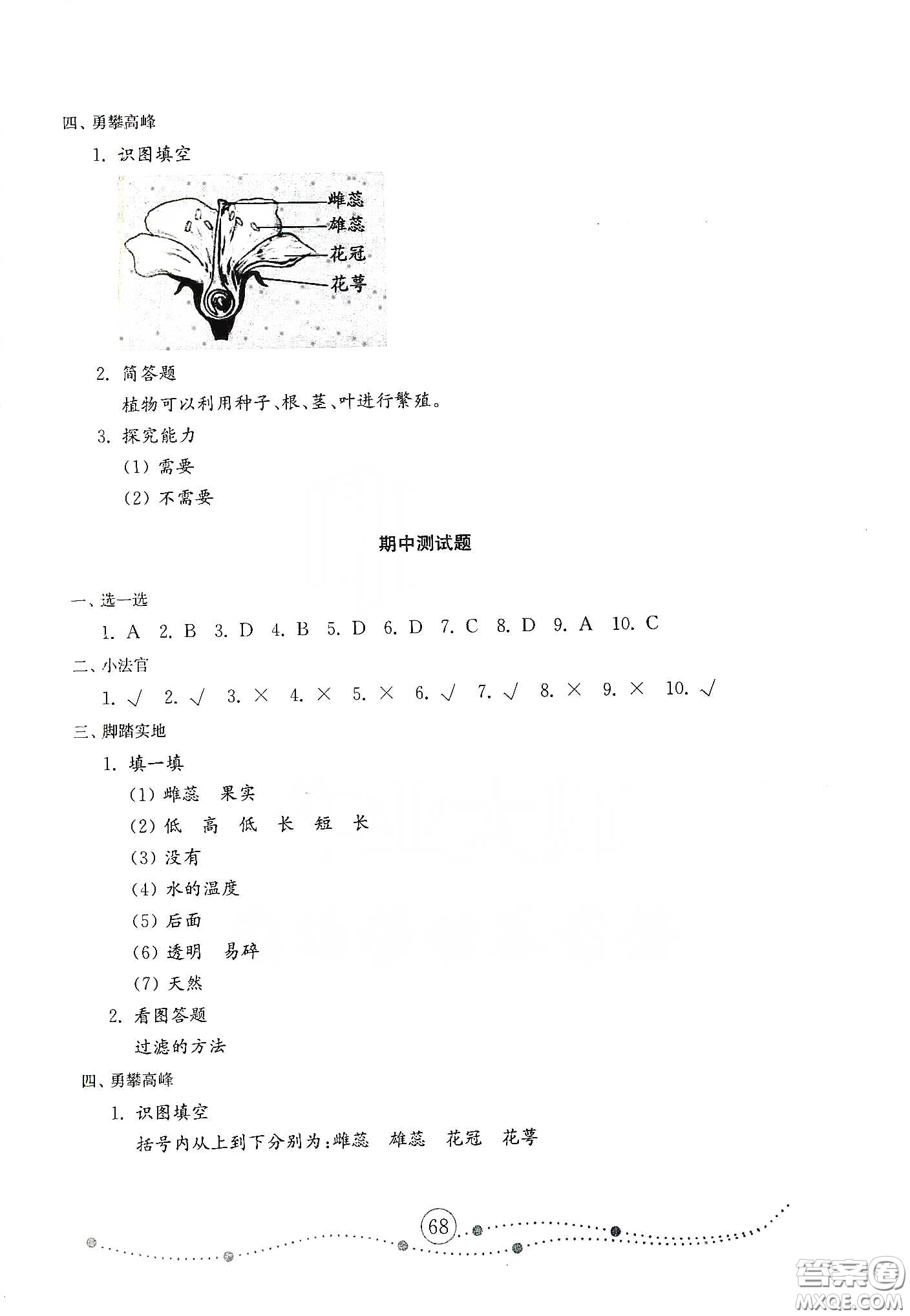 山東教育出版社2021小學(xué)科學(xué)試卷金鑰匙三年級下冊人教版答案