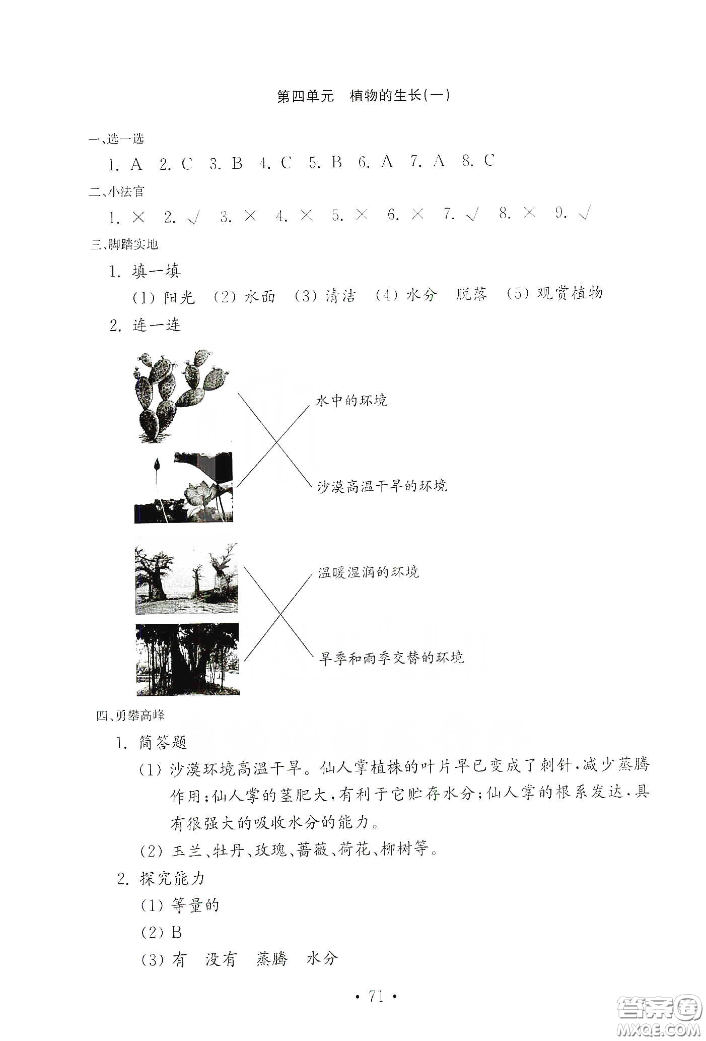 山東教育出版社2021小學(xué)科學(xué)試卷金鑰匙四年級下冊答案