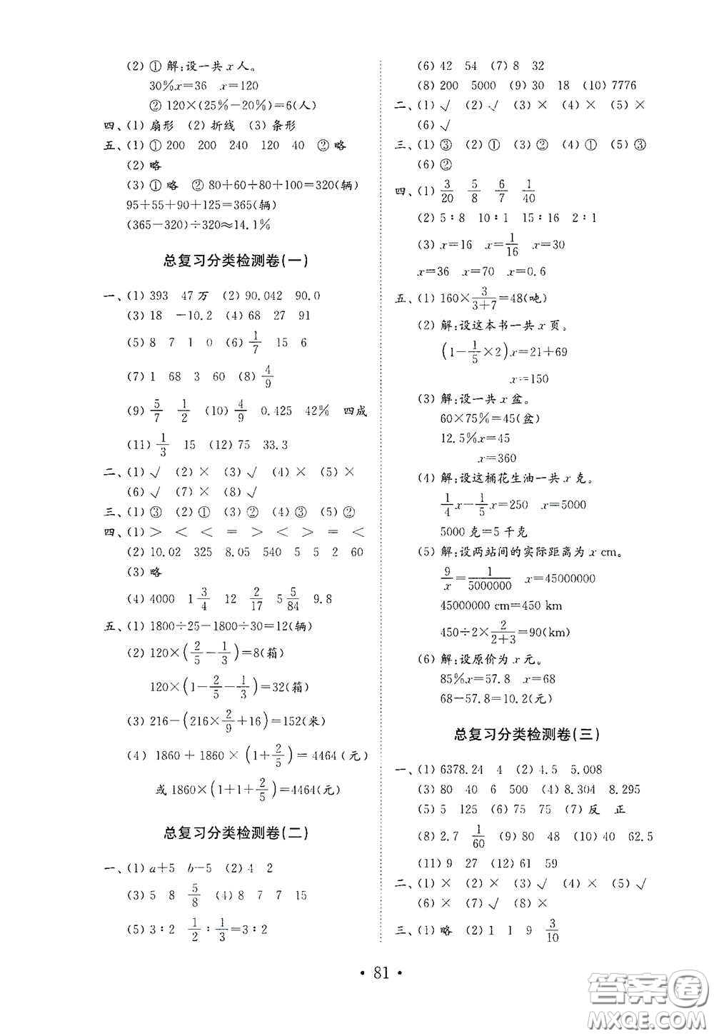 山東教育出版社2021小學數(shù)學試卷金鑰匙六年級下冊答案