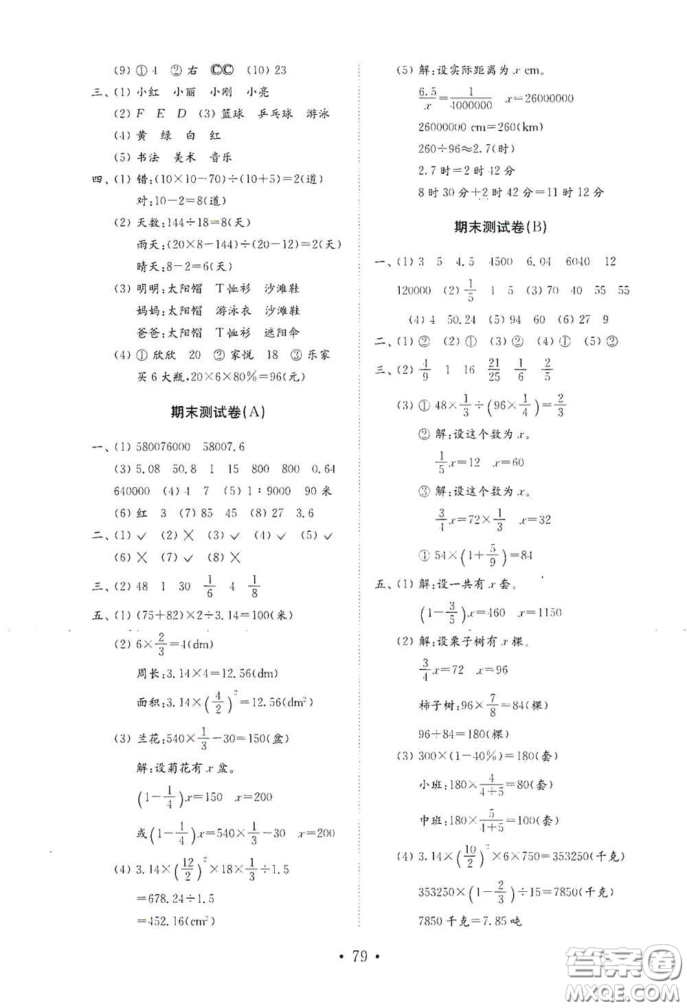 山東教育出版社2021小學(xué)數(shù)學(xué)試卷金鑰匙六年級下冊人教版答案