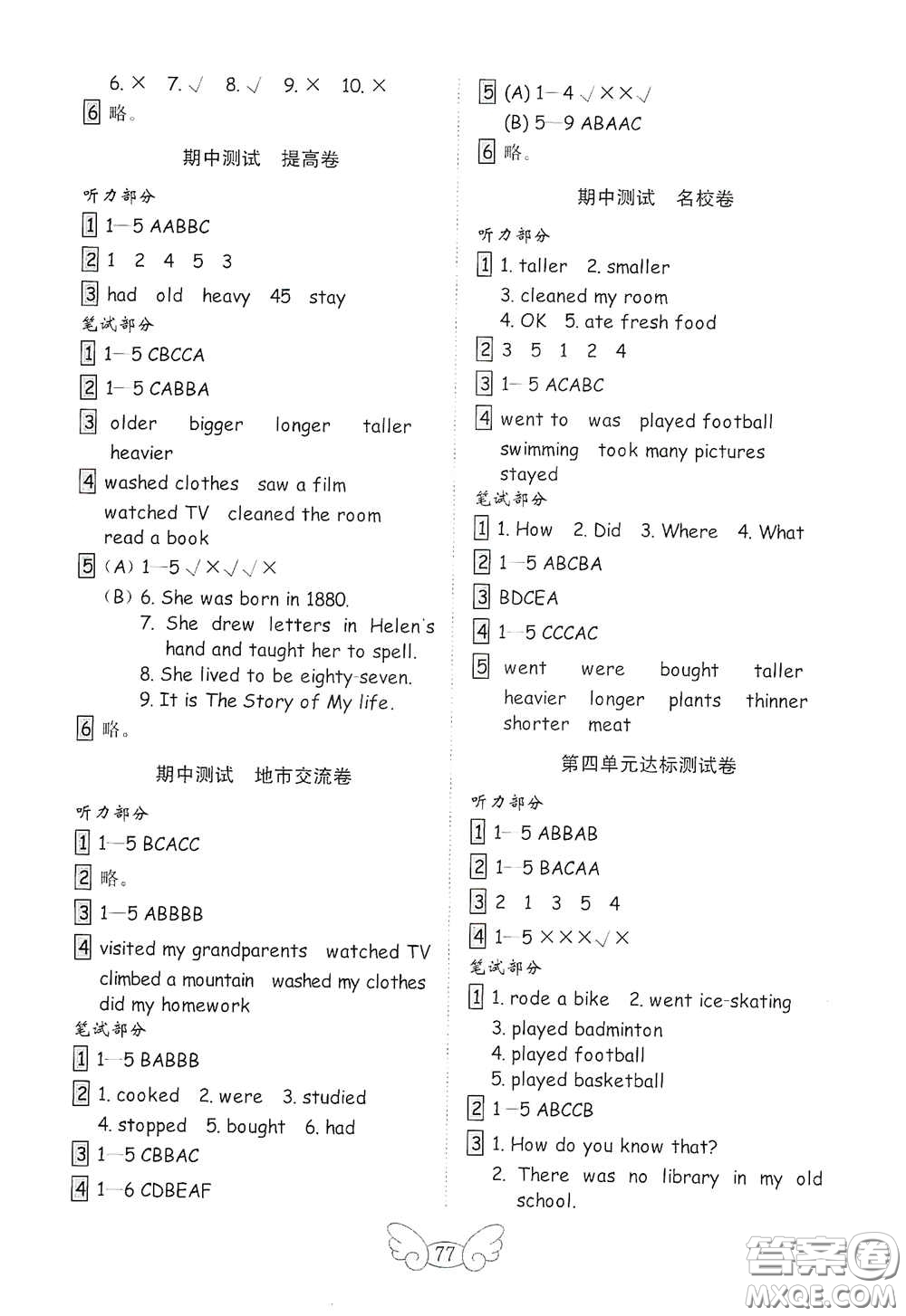山東教育出版社2021小學英語試卷金鑰匙六年級下冊人教版PEP三年級起點答案