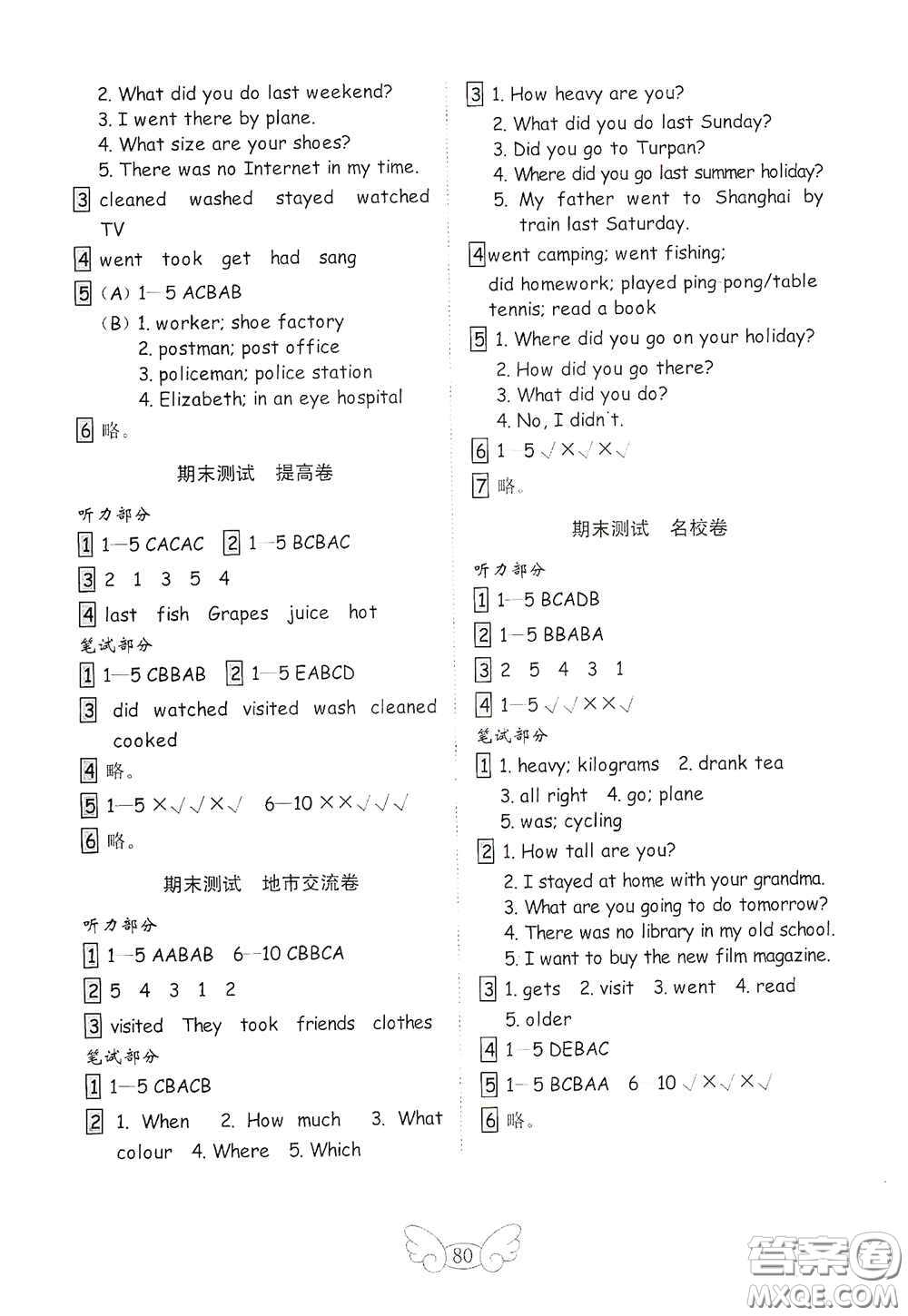 山東教育出版社2021小學英語試卷金鑰匙六年級下冊人教版PEP三年級起點答案
