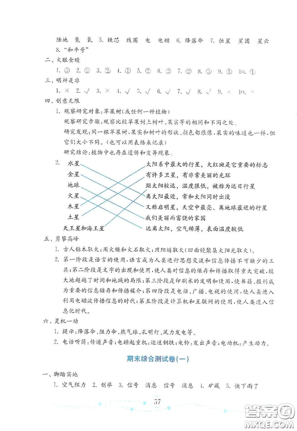 山東教育出版社2021金版小學(xué)科學(xué)試卷金鑰匙六年級下冊答案