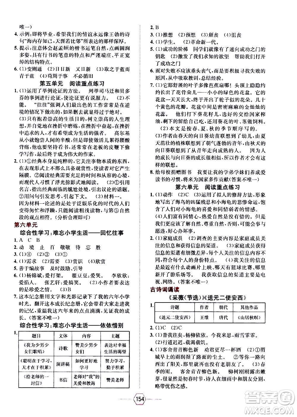 現(xiàn)代教育出版社2021走向優(yōu)等生六年級(jí)語文下部編人教版答案