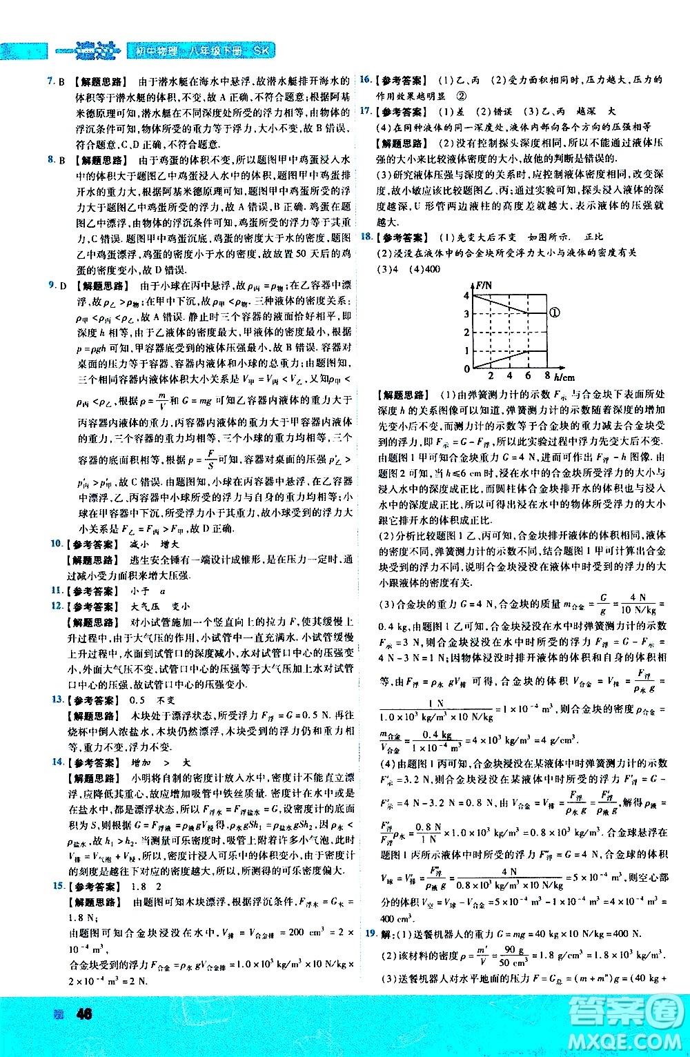 南京師范大學(xué)出版社2021版一遍過初中物理八年級下冊SK蘇科版答案