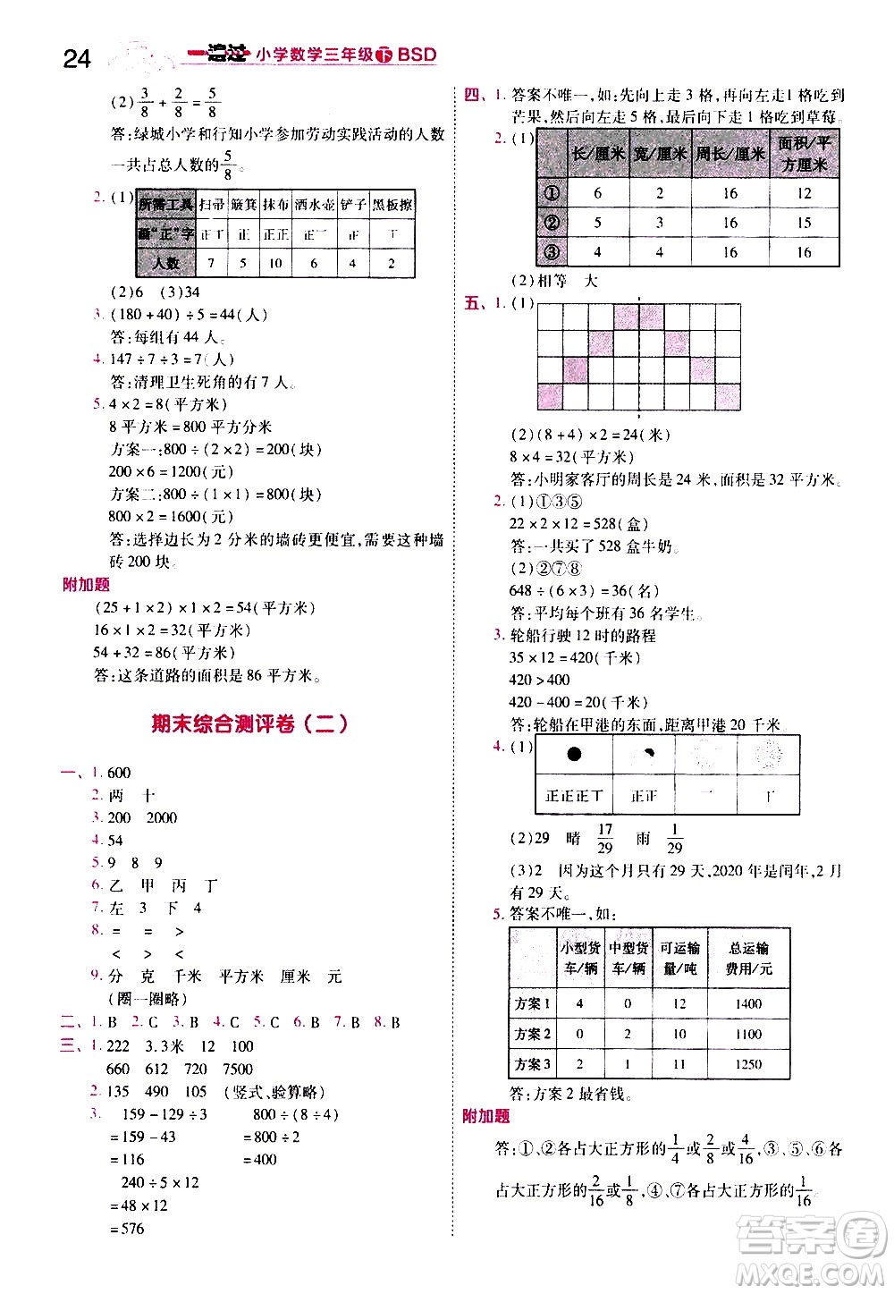 南京師范大學出版社2021春季一遍過小學數(shù)學三年級下冊BSD北師大版答案