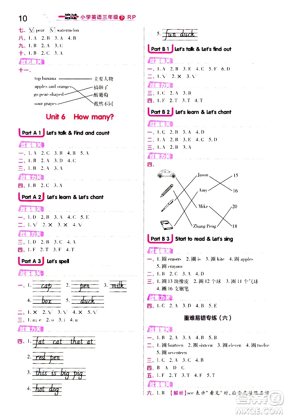 南京師范大學(xué)出版社2021春季一遍過(guò)小學(xué)英語(yǔ)三年級(jí)下冊(cè)RP人教版答案
