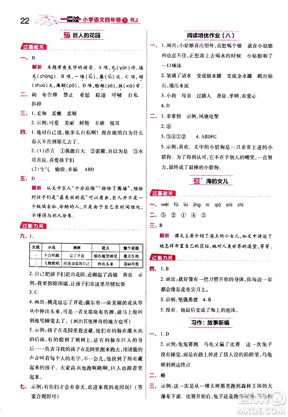 南京師范大學(xué)出版社2021春季一遍過小學(xué)語文四年級(jí)下冊(cè)RJ人教版答案