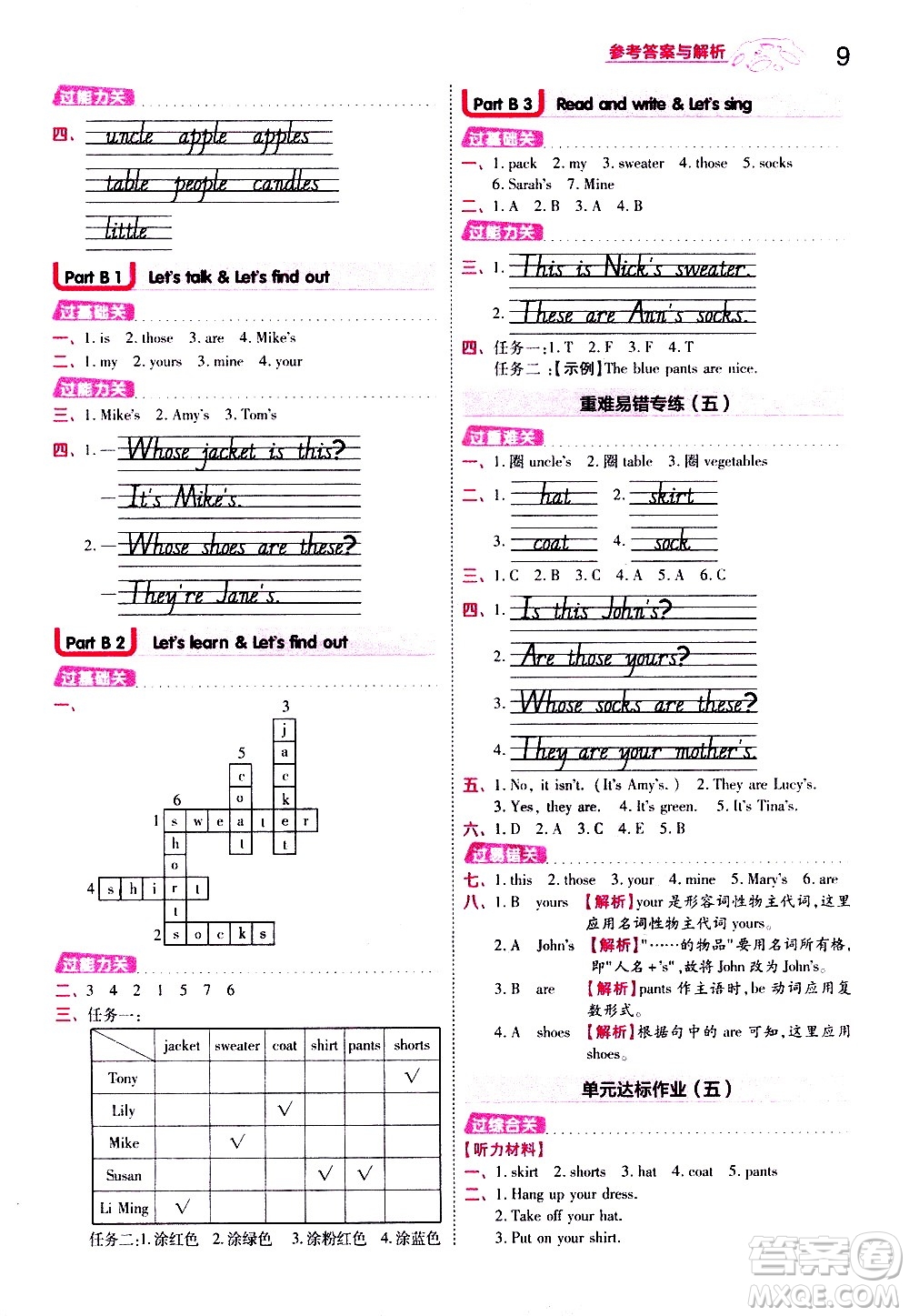 南京師范大學出版社2021春季一遍過小學英語四年級下冊RP人教版答案