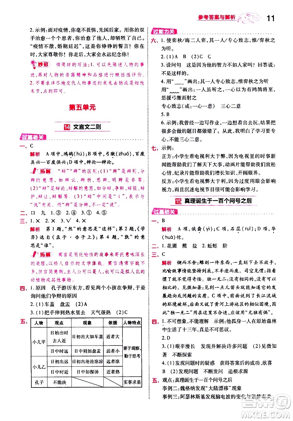 南京師范大學(xué)出版社2021春季一遍過(guò)小學(xué)語(yǔ)文六年級(jí)下冊(cè)RJ人教版答案