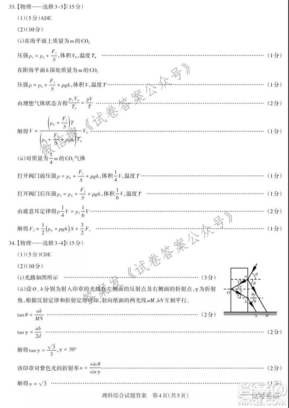 2021年山西省高考考前適應性測試二理科綜合答案