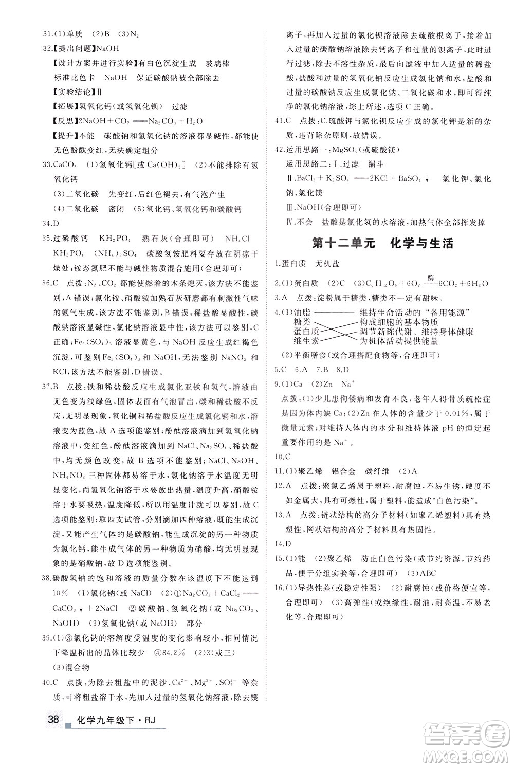 延邊大學(xué)出版社2021新領(lǐng)程提分特訓(xùn)初中化學(xué)九年級下冊RJ人教版答案